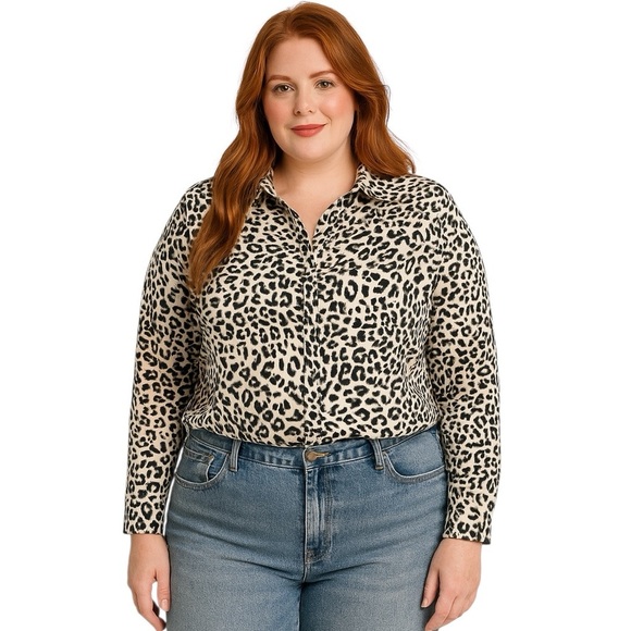 Roamans 18W Leopard Long Sleeve Classic Button up Women’s Plus - Picture 1 of 8